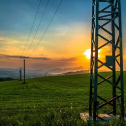 column, nature, meadow, city, field grass, view, sun, sunset, sky, columns, wires, electricity, clouds