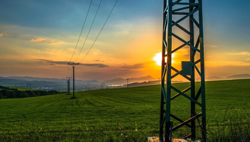column, nature, meadow, city, field grass, view, sun, sunset, sky, columns, wires, electricity, clouds